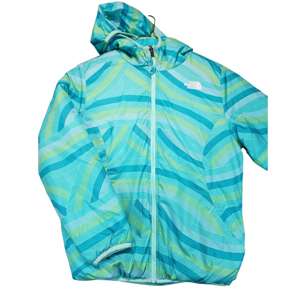 The North Face Girls Reversible Insulated Puffer Jacket Teal Stripe Size L 14/16